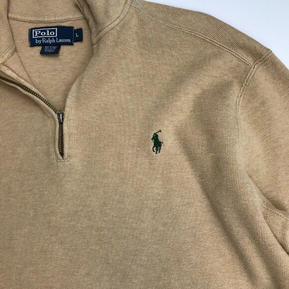 POLO RALPH LAUREN Men 100% Cotton Large Tan Logo Sweater - Picture 3 of 5